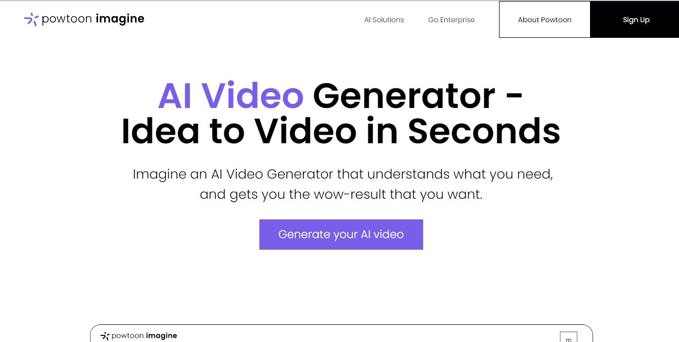 Screenshot showing the homepage of Powtoon's AI video generator.