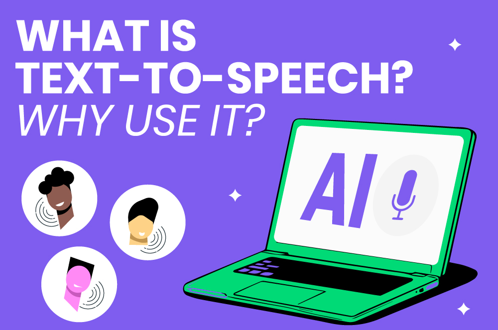 Image showing people talking and a notebook computer with "AI" and a microphone on the screen to represent Powtoon's text to speach tool.