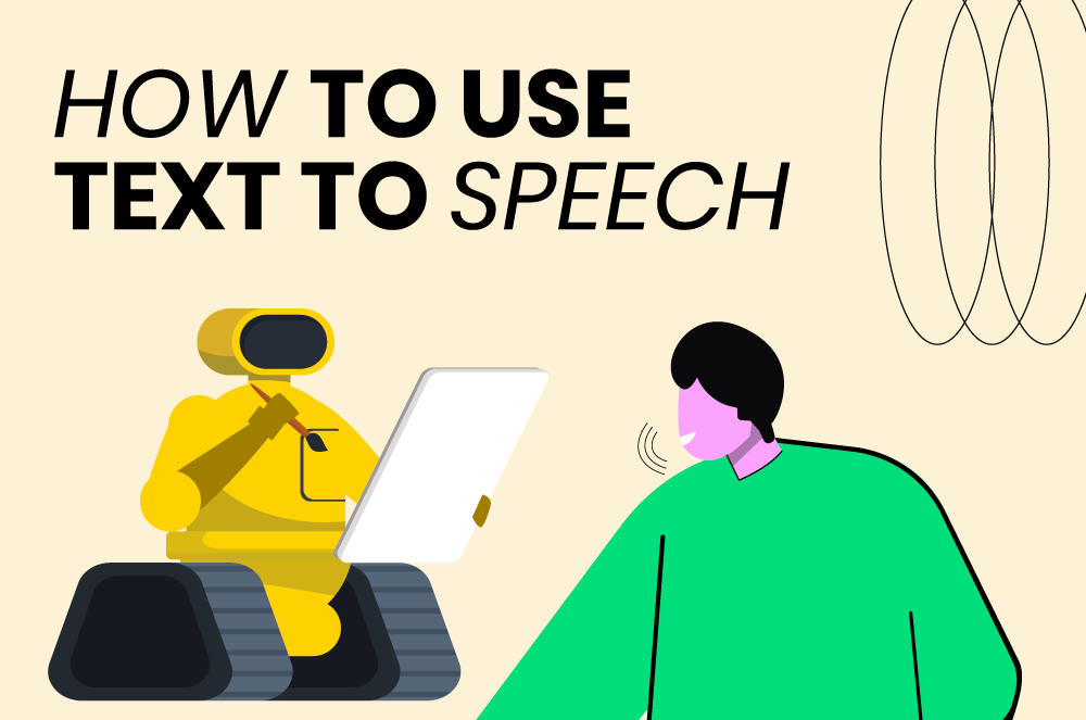 A stylized man speaking to a robot who is taking notes on how to sound natural to represent natural text-to-speech tools.